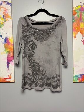 **3 for $15** Reitmans Light Gray Scoop Neck Embellished Long Sleeve Top